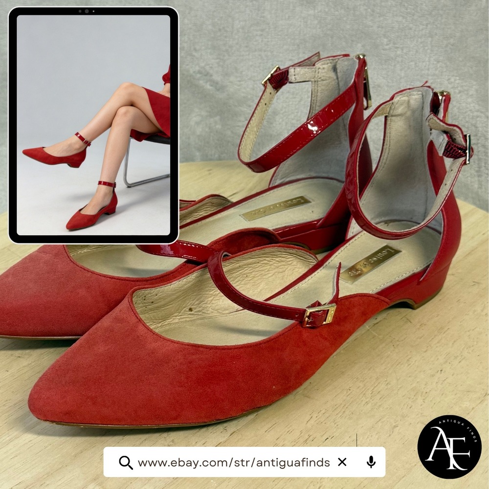 Louise et Cie Lo-Claire Red Suede Leather Ankle Strap Pointed Toe Flats 8M 38.5
